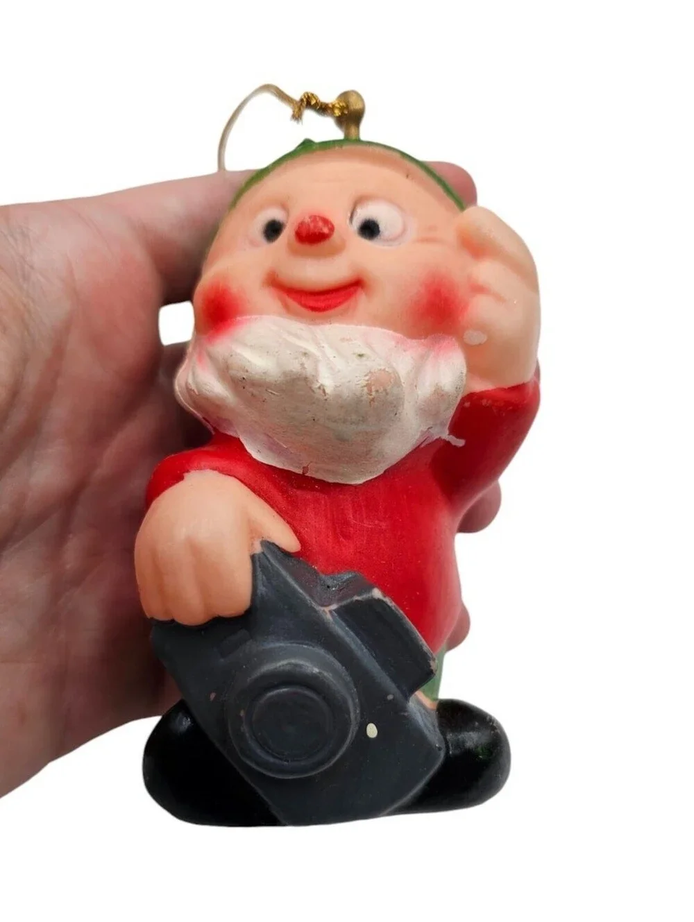 Vintage 1960s Plastic Christmas Ornament Santa Elf w/ Camera Blow Mold Style